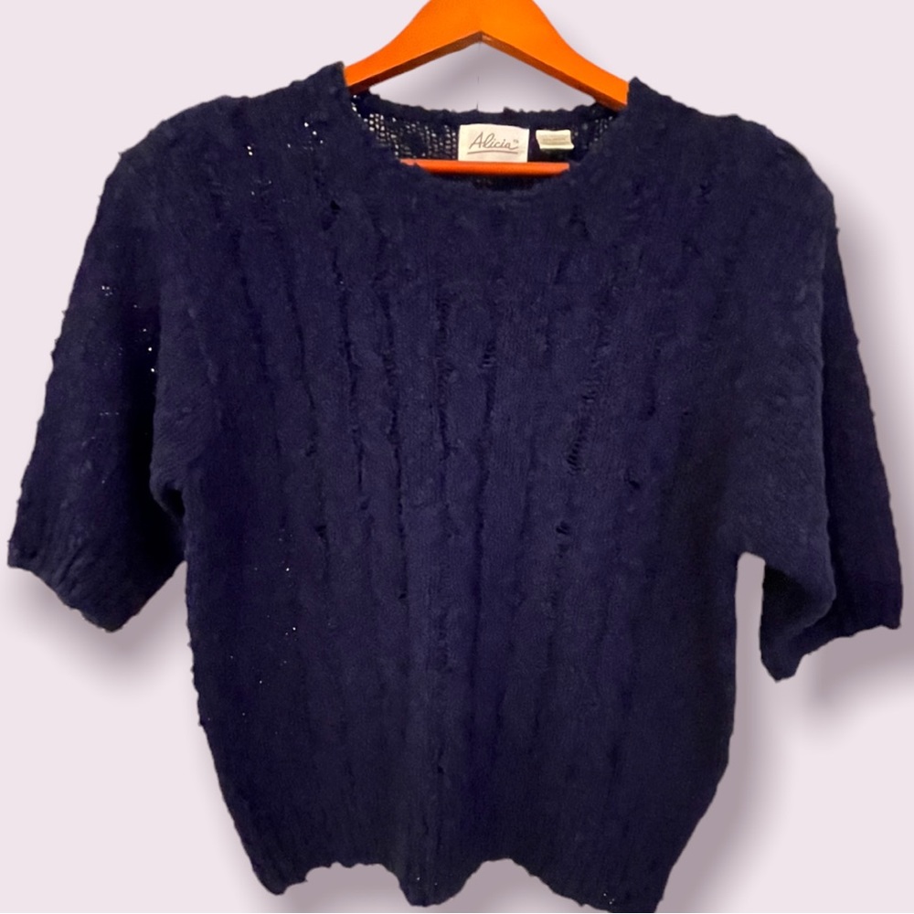 Vintage Alicia Nubby-Knit Short Sleeve Sweater, Navy | L